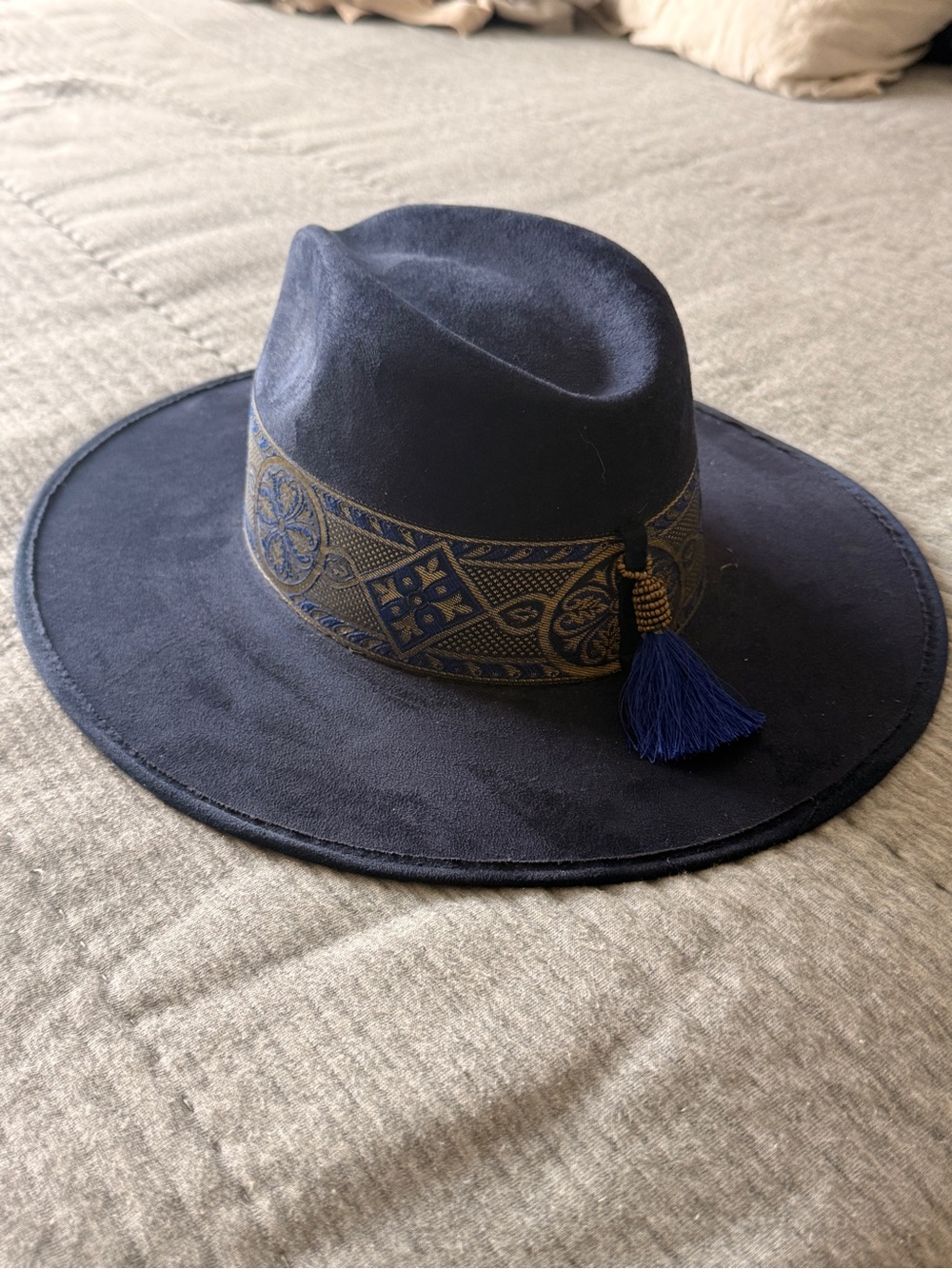 Hats N Roses Navy Vegan Suede Wide Brim Fedora Hat Tassel Boho Western M